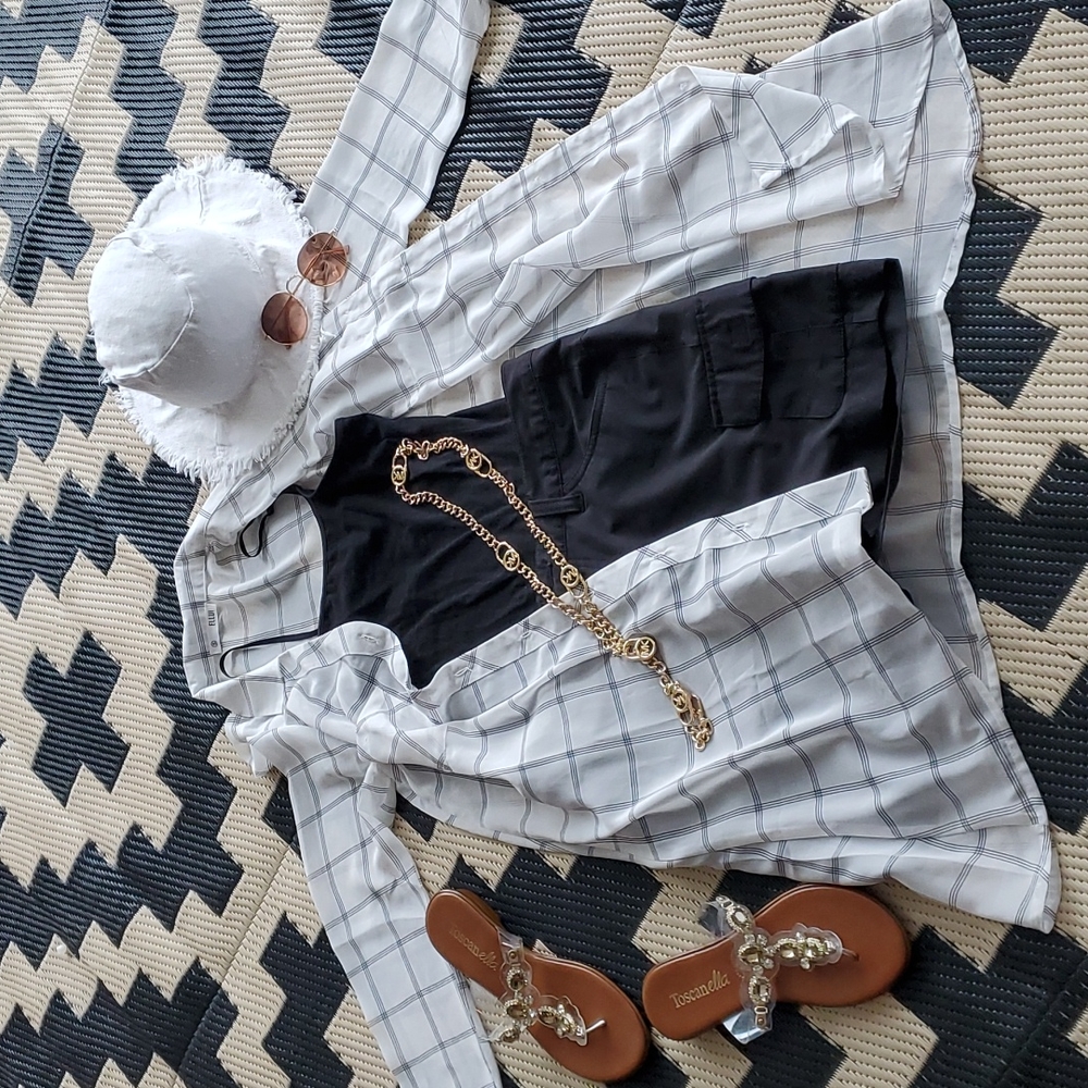 Sheer Long Sleeve White & Black Box Check  Duster/Swimsuit Cover-up Size Small